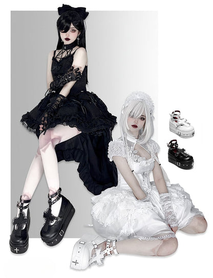 Matte Black Gothic Lolita Lace Trim Cross Platform Shoes