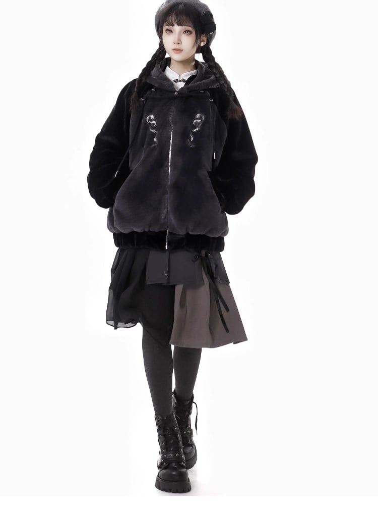 Black and Gray Lace-Up Knee-Length Skirt