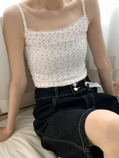 Top Beige/Weiß Print Cami Blumenspitze Trim Bowknot verziert