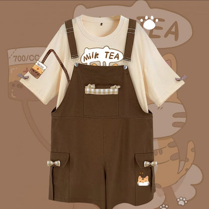 ブラウンのカーゴポケット付き蝶結びディテールのオーバーオールショーツ