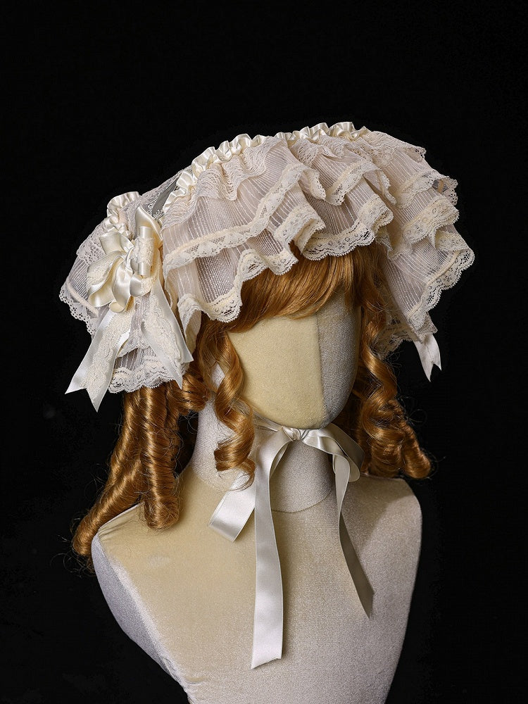 Retro Lolita Beige Lace Headpiece with Satin Ribbon - Twin Bear Original Design