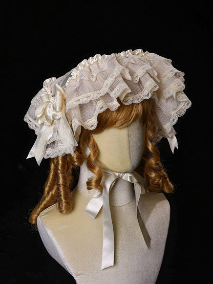 Retro Lolita Beige Lace Headpiece with Satin Ribbon - Twin Bear Original Design