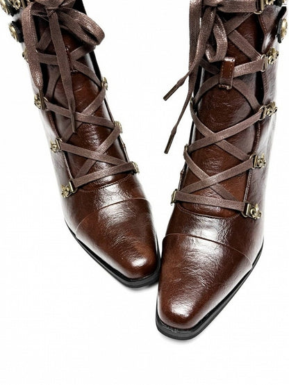 PU Dual with Leather Brown Steampunk Closure - Lace-Up Pointed Zip Toe Boots Ankle Inner