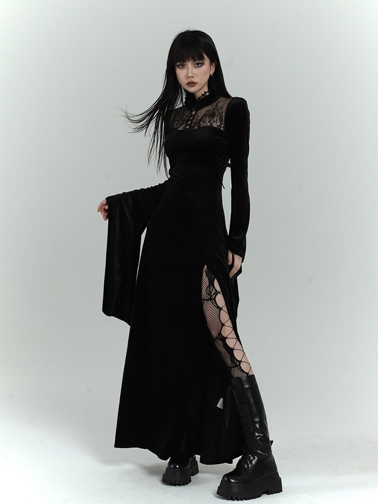 Gothic Black Velvet Contrast Lace Patches Bell Sleeves Side Slit Dress