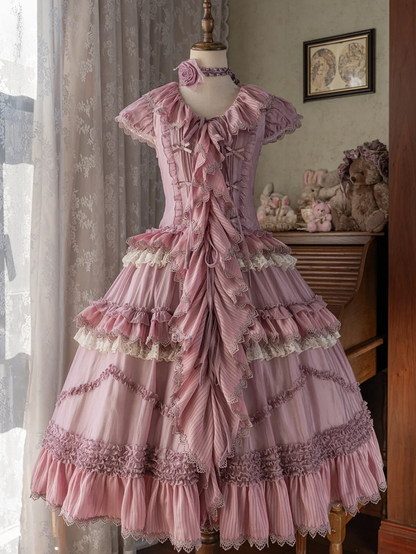 House Ruffle Dress Front Self-tie Straps Purple Cascading Placket Style Pink Lolita