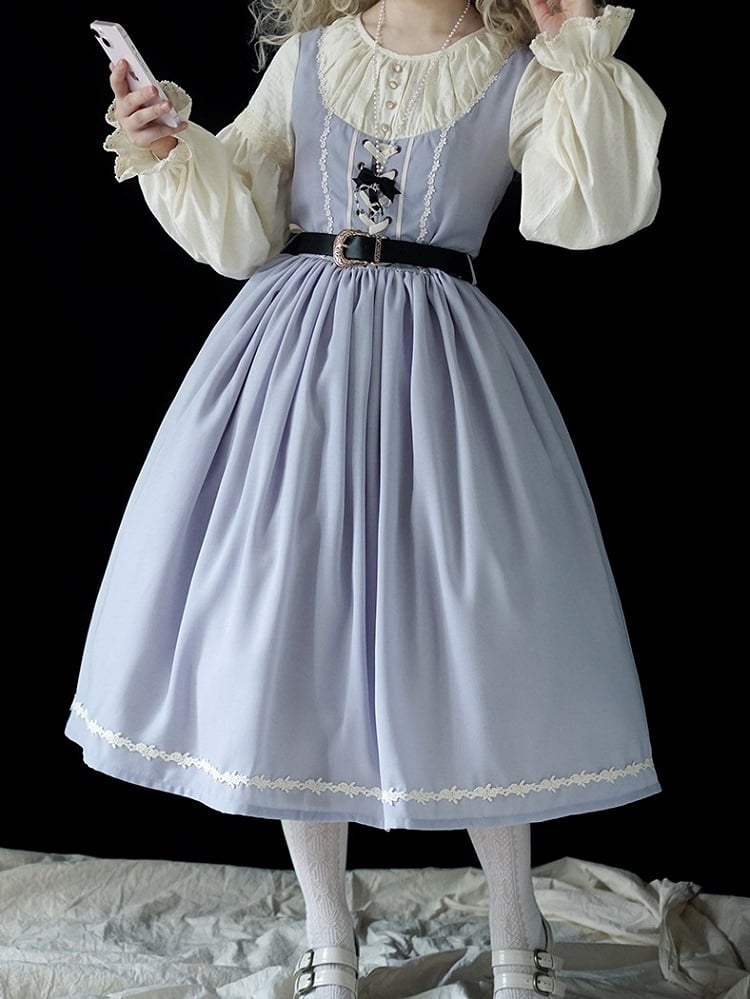 Light Gray & Beige Round Neck Long-sleeved Elegant Classic Lolita Dress with Lace-Up Front