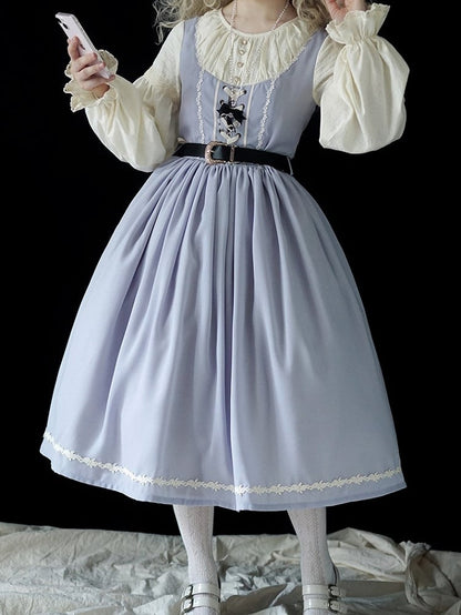 Light Gray & Beige Round Neck Long-sleeved Elegant Classic Lolita Dress with Lace-Up Front