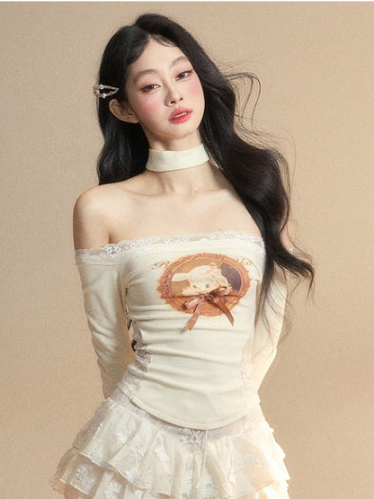 Lamm Print Taille Glamouröse Top Patches Apricot Off-the-Shoulder Spitzenausschnitt