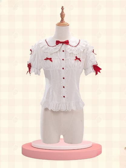 White Short-sleeved Bowknots with Blouse Lolita Red