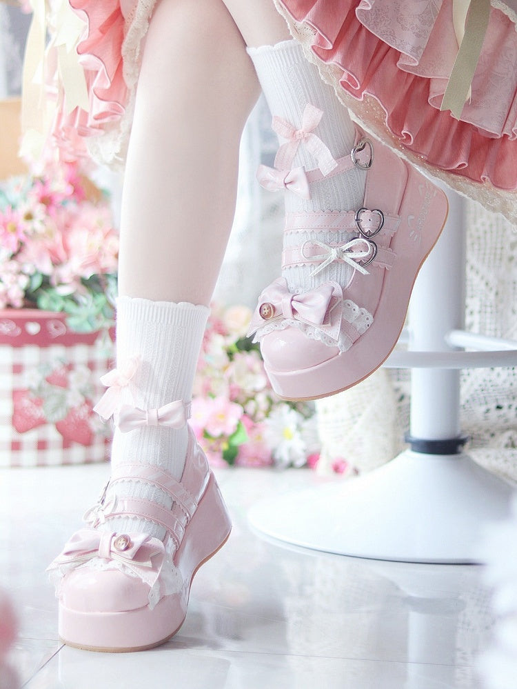 Details Buckles Pink Sweet Platforms - Lolita Heart Bow with Edging Lace