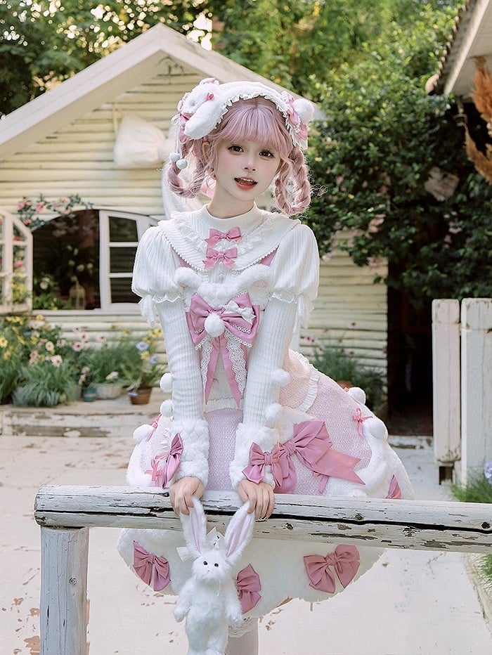 White Bow Applique Sweetheart Plush Pink Details Lolita Dress with and Sweet Accents