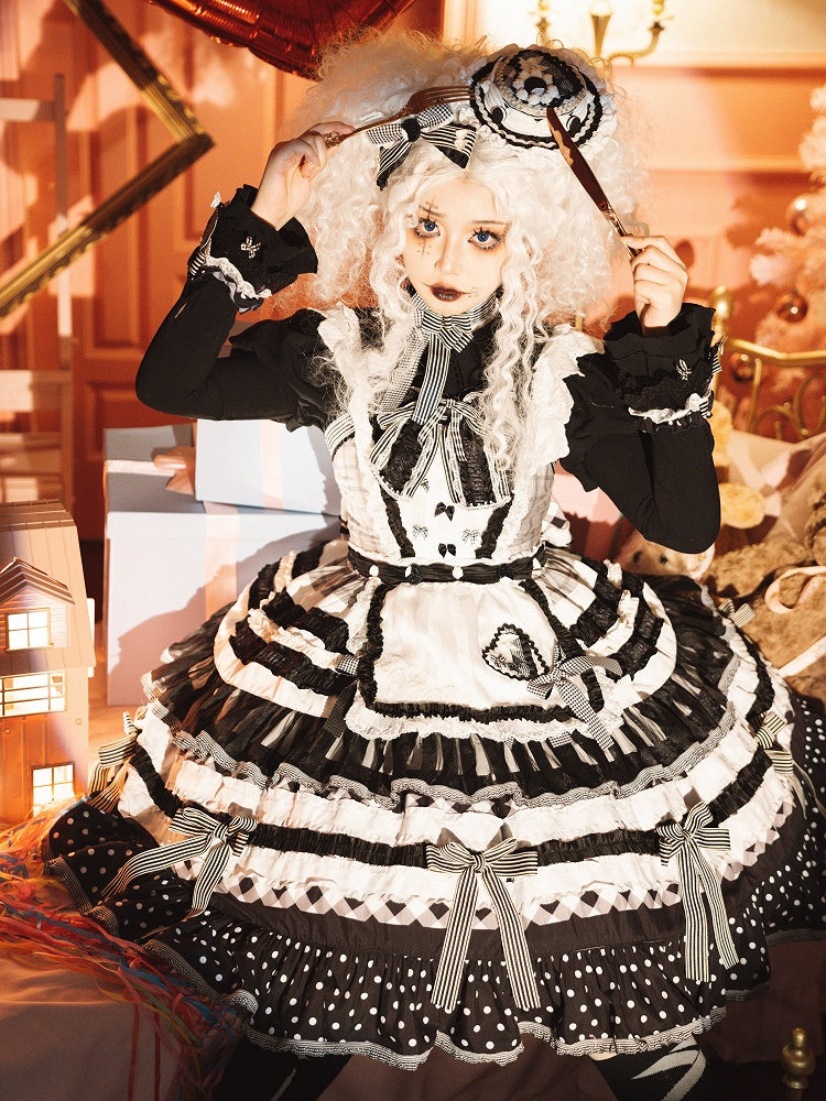 Bow Skirt Lolita Sweet and Black Tiered White Oreo Cake Accents Dress