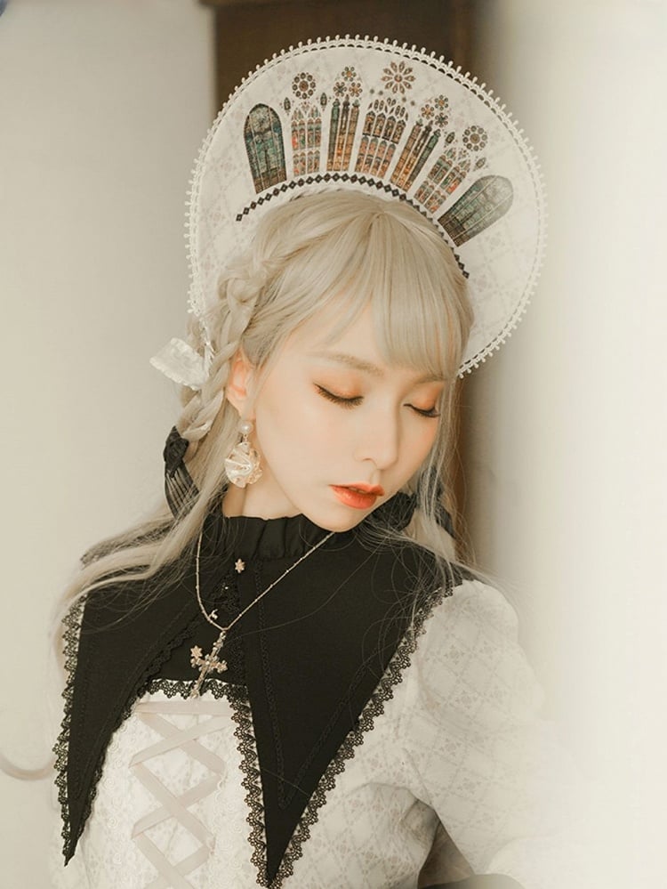 Window Black/White Bonnet Church Print Lolita Stained