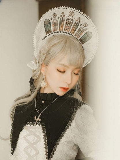 Window Black/White Bonnet Church Print Lolita Stained