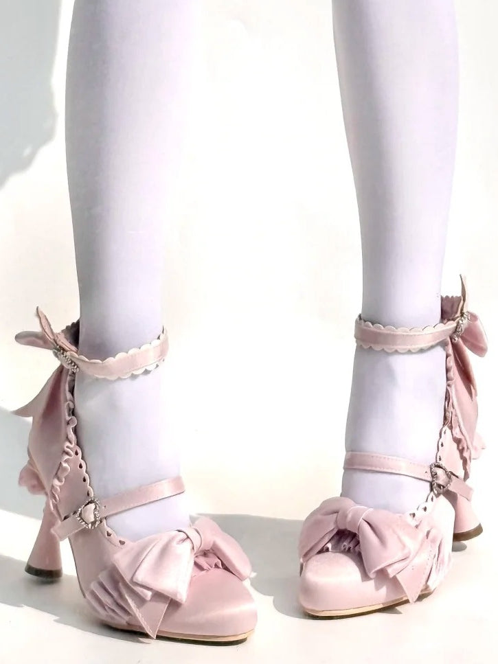 Ruffle High-heel in Decor Bows Accents Scalloped Elegant Mary Trim Jane Lolita Shoes Satin Pink