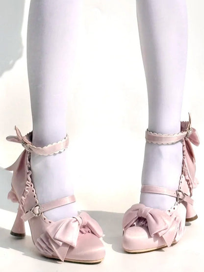 Ruffle High-heel in Decor Bows Accents Scalloped Elegant Mary Trim Jane Lolita Shoes Satin Pink