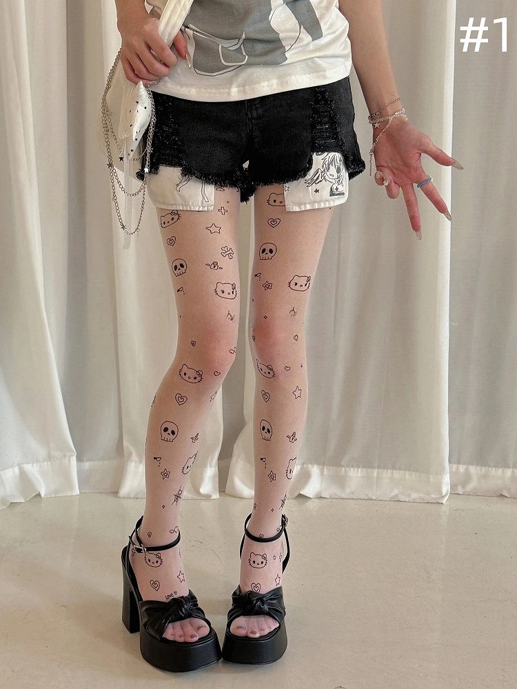 Style) (Playful Skull Pantyhose Print Kitty and Sweet