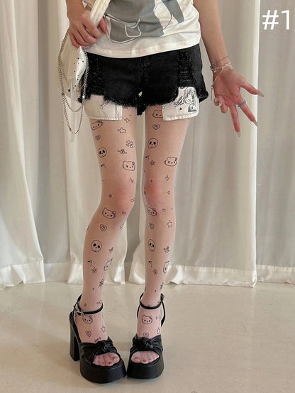 Style) (Playful Skull Pantyhose Print Kitty and Sweet