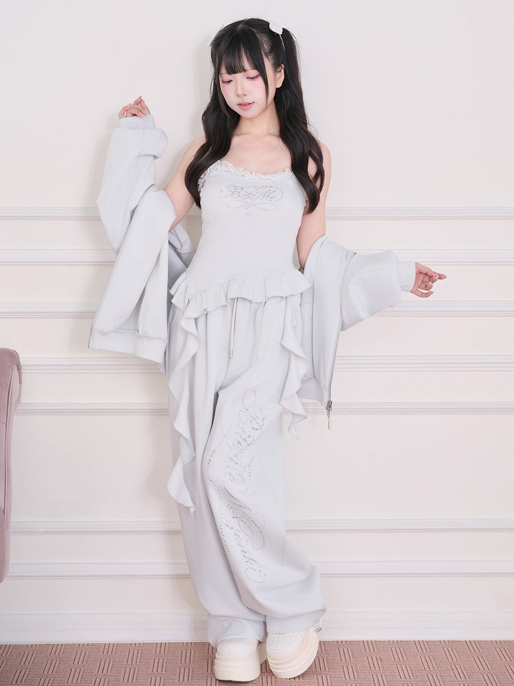 Light Blue Lace Rhinestone Cami Top with Ruffle and Ribbon - No Genki