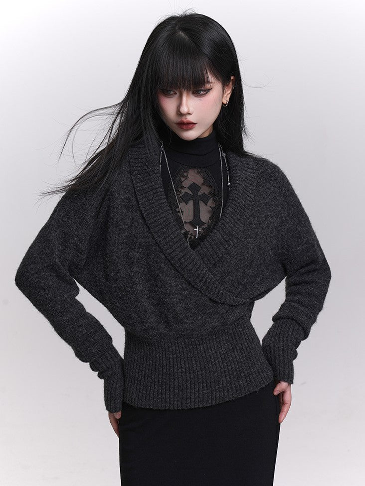 Dark Gray Wrap V-Neck Knit Pullover Sweater - Slim Fit