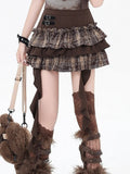 Cascading with Heart Skirt Ruffles Tiered Spicy Coffee Plaid Mini Sweet Buckles