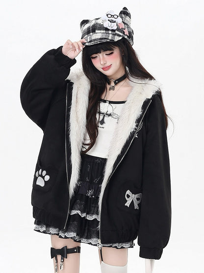 Pocket Kitty Hood Bittersweet Paw Bow Hooded - Ear Embroidery Fleece with Jacket Black/Pink
