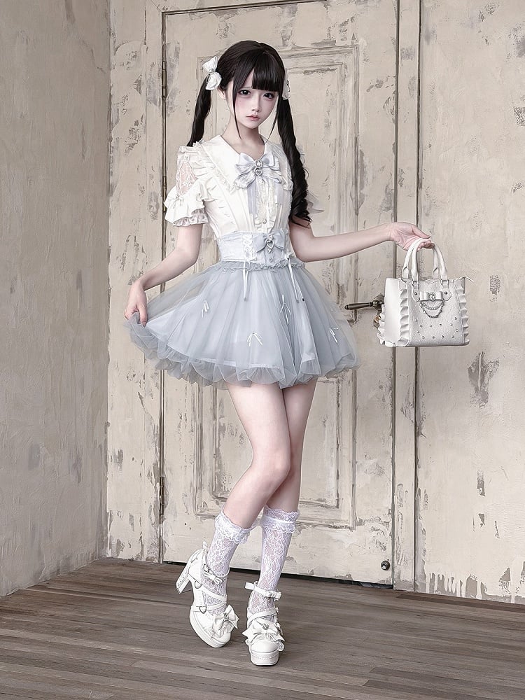 Blue Bubble Skirt with Detachable Rhinestone Bow - Ekomi