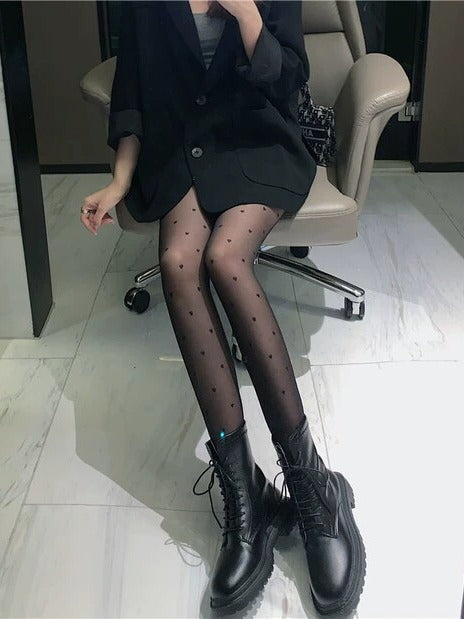 tights Sheer Pattern Heart-shaped Black