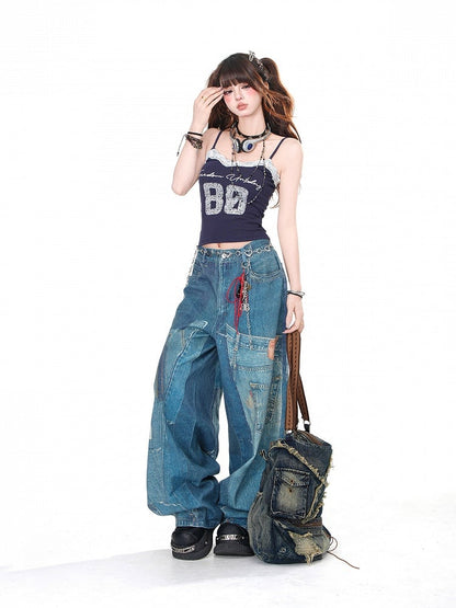 Light Blue/Dark Blue Number Print Lace Trim Glamorous Cropped Cami Top