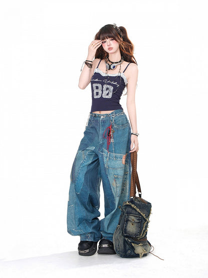 Wash Faded Pockets Wide-Leg Cut Jeans Denim Blau