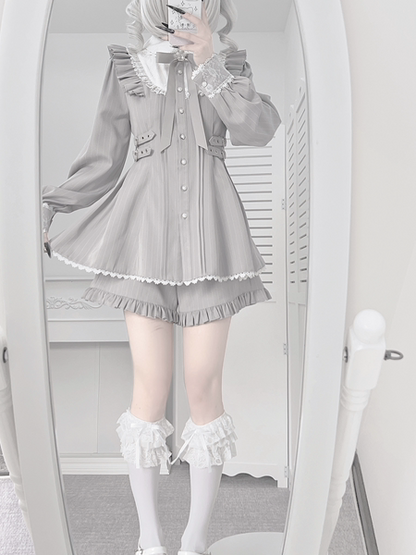 Matching Gray Kei + Bow Set Shorts Lace Long-Sleeve Light Dress Jirai Ruffle