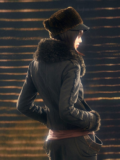 Jacket Details Collar Washed Fur Detachable Faux Black with Punk Embroidered