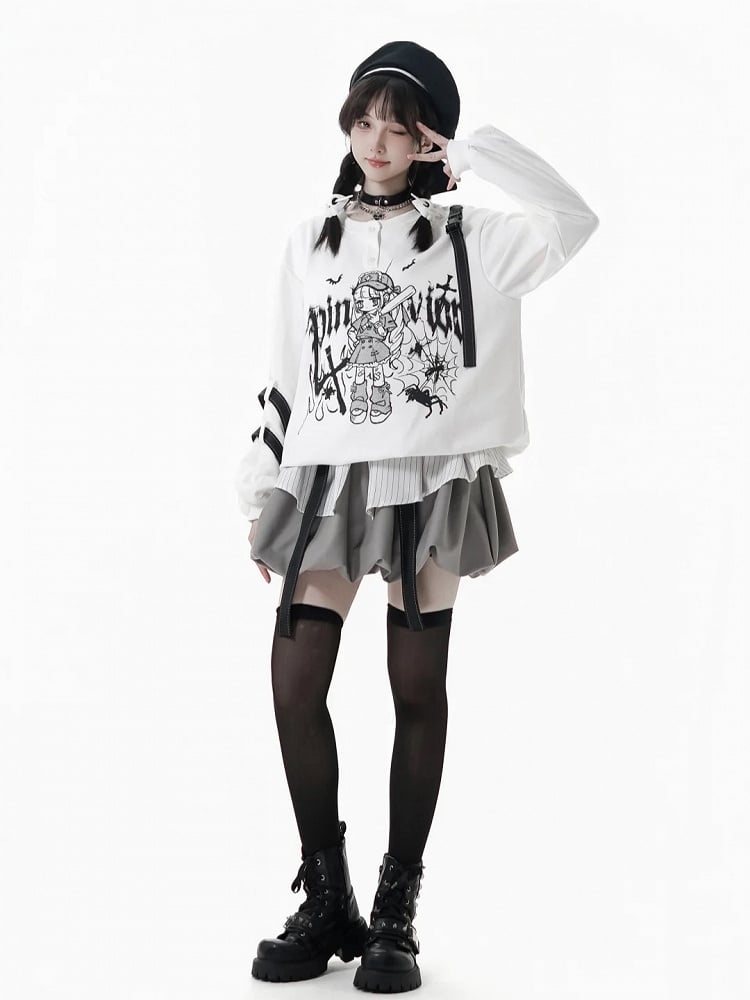 and Anime Graffiti Print Techwear-Style Straps with Girl Letter Snap Detachable Black/White Sweatshirt