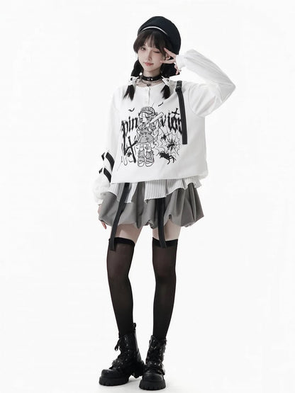 and Anime Graffiti Print Techwear-Style Straps with Girl Letter Snap Detachable Black/White Sweatshirt