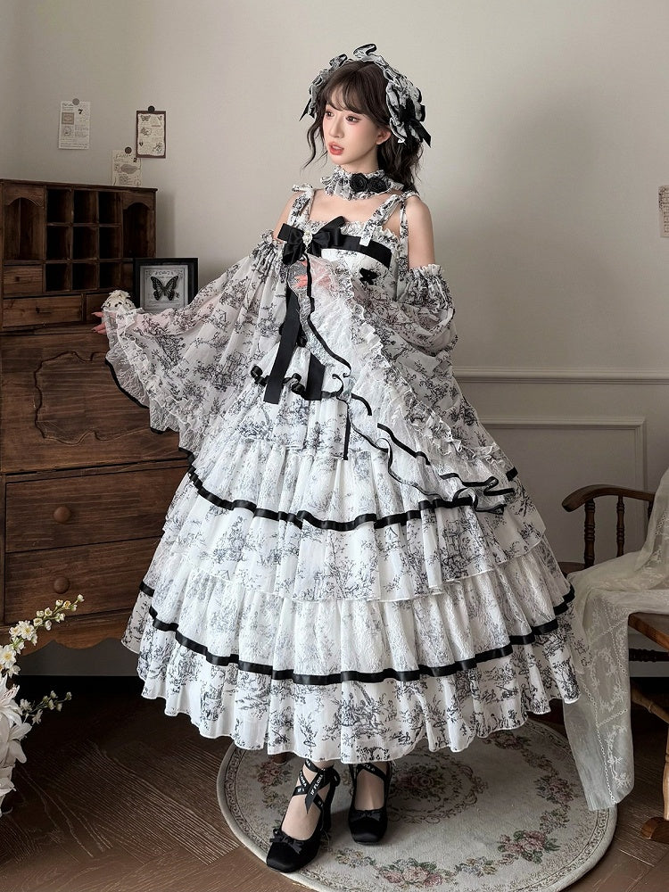Elegant Hanayome-Style Black & White Porcelain-Inspired 120CM-Length Lolita Princess Dress - Sleepless Star
