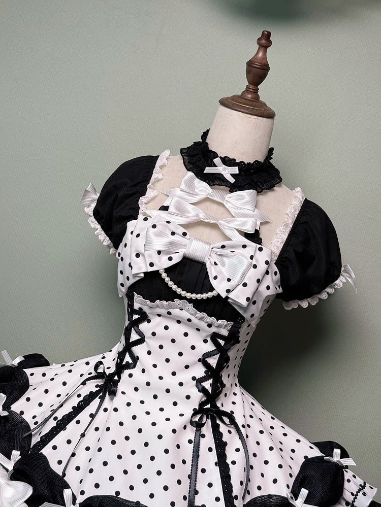 Accents Black Polka Dots Dress Old School Bow White Lolita Neck Halter with
