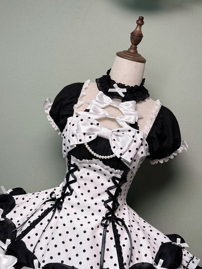 Accents Black Polka Dots Dress Old School Bow White Lolita Neck Halter with