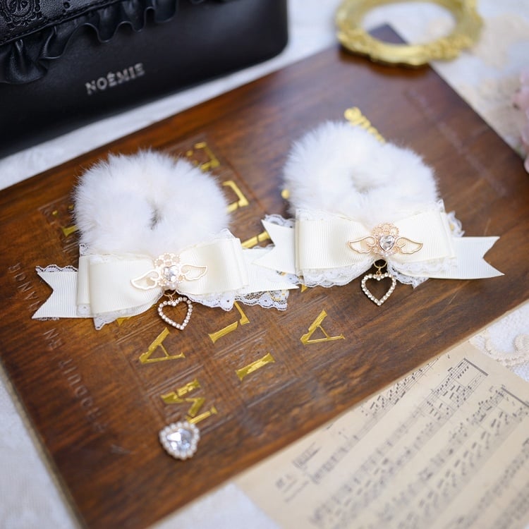 Jirai Kei Fluffy Bow Scrunchie with Angel Heart Rhinestones