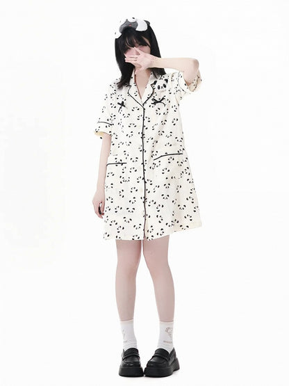 パンダ柄シャツワンピース スカラップエッジカラー パジャマ ベージュ ぬいぐるみ