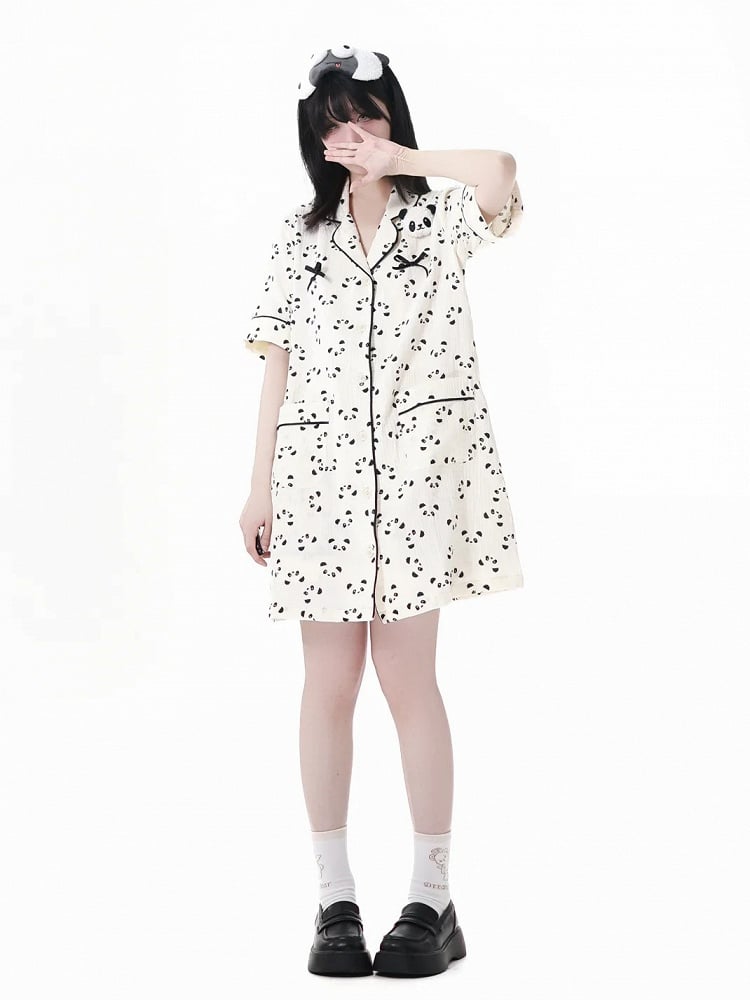 Allover Panda Print Plüsch Beige Shirt Kleid Pyjama Panda gewellter Rand Kragen