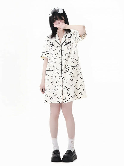 Allover Panda Print Plüsch Beige Shirt Kleid Pyjama Panda gewellter Rand Kragen