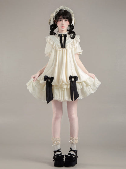 Schleifen Beige Fashion Kordelzug Lolita Kleid Schwarz mit Design Vielseitig und Taillengürtel