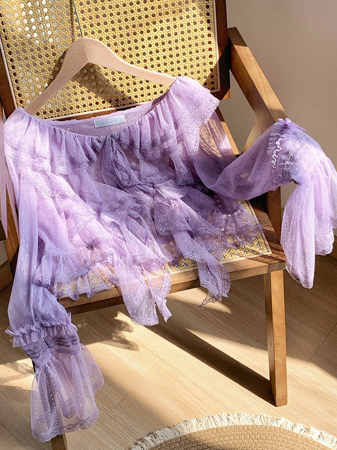 Purple Sheer Ruffle Top Sleeves Trim Dotted Cascading Long Tulle