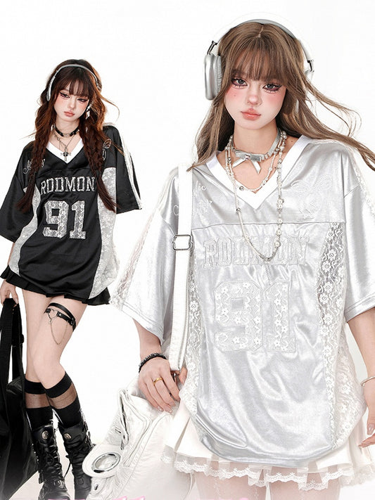 グレー/ブラック レースパッチワーク Vネック スポーティTシャツ