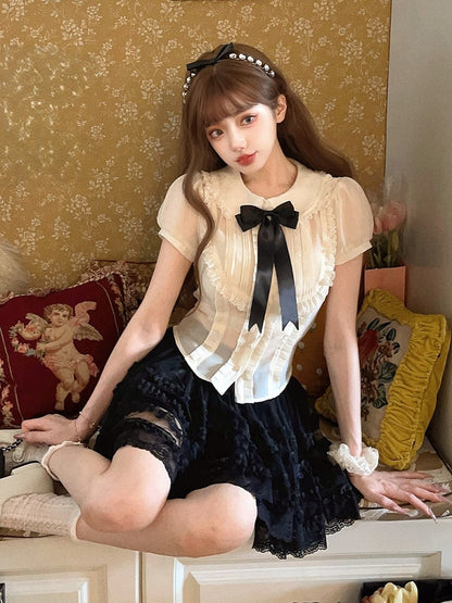 Spitzenbesetztes Set Puff Apricot Bluse Cami Sleeve Mit