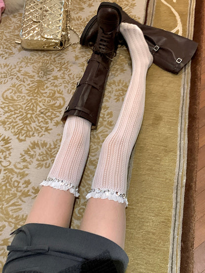 Decorated Socks Over-the-Knee Rhinestones Milky in Sparkling