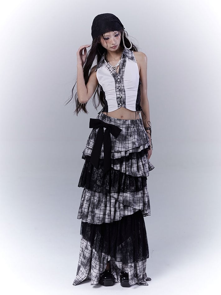 Regular/Long Version Asymmetrical Tiered Plaid Skirt Black Punk
