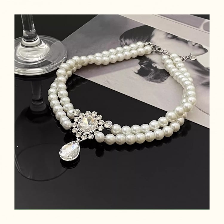 Strass Anhänger Vintage Weiße Perlen Choker