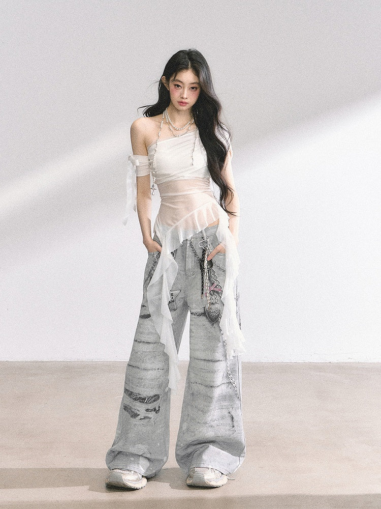 Hellgraue Jeans mit weitem Bein und niedriger Taille und Kettenmuster im Used-Look