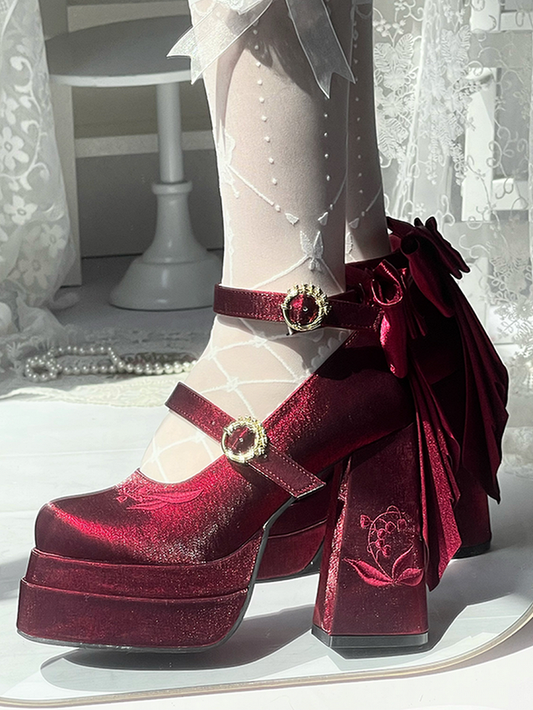 Janes High Platform Block Valley of Wine Lily Red Embroidery Mary Heel Bowknot the Detachable